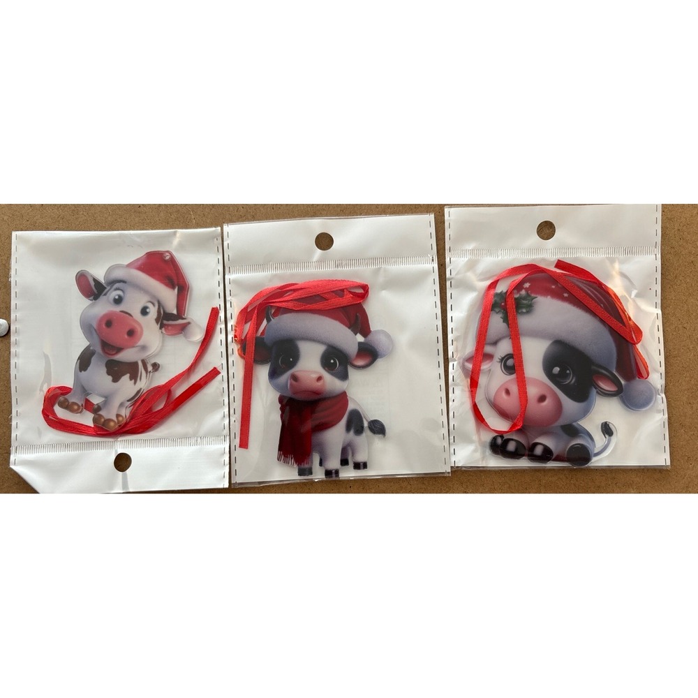 3 Pcs Acrylic Cow Christmas Ornament Mirror 2D Flat Cartoon Cow Gift Holiday